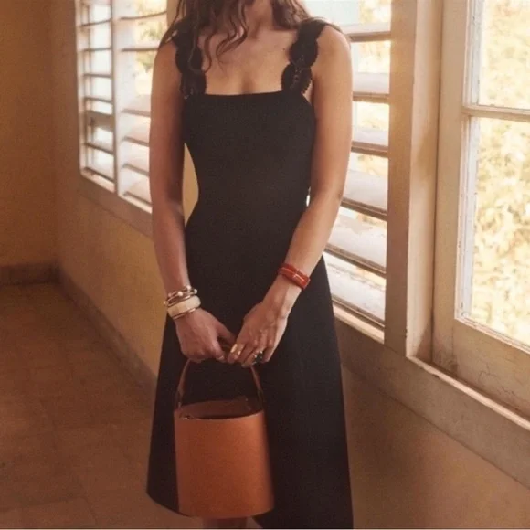 Sezane Robe Edna Black Crochet Strap Midi Dress - Picture 3 of 7